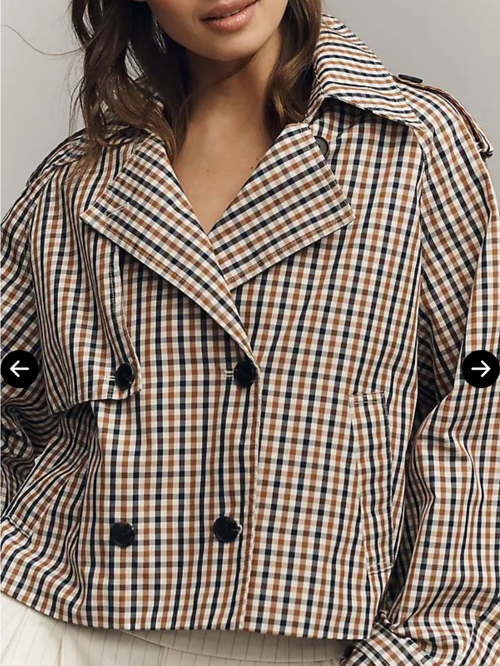 Maeve Cropped Plaid Trench Coat in Tan, Navy & White